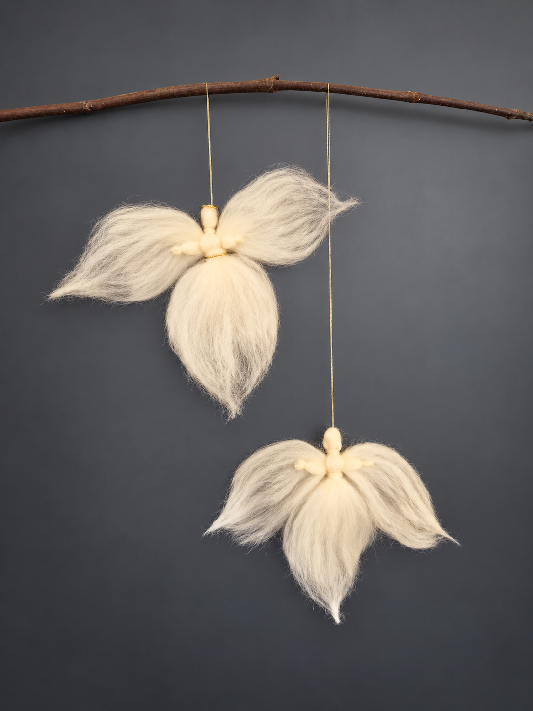 Two wool angel Christmas decorations on branch