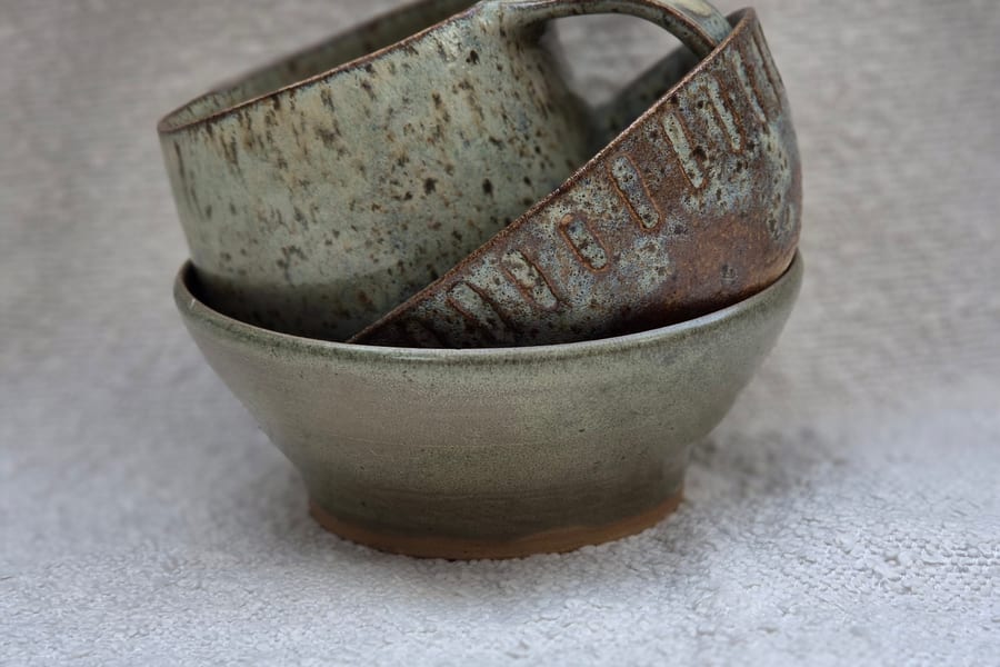 Stoneware mugs and bowls
